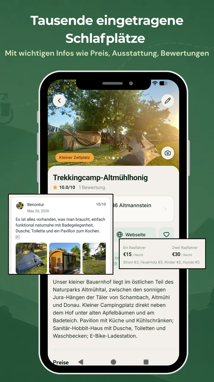 Tausende eingetragene Schlafplätze mit Preis, Ausstattung und Bewertungen – BikeTouri